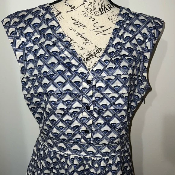 Authentic Tory Burch Blue White Geometric Print Sleeveless Pleated Dress Size 10 - Picture 3 of 13